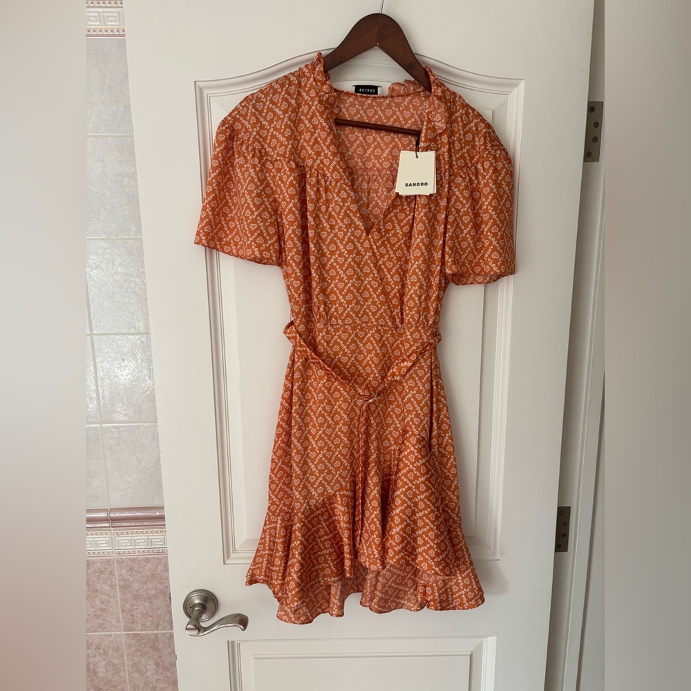 Sandro High Low belted Dress in Orange Pattern size 42 US 10